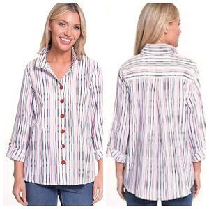 Ali Miles Button Front Tunic Shirt Sz 3X Rainbow Stripe 3/4 Sleeve Wire Collar